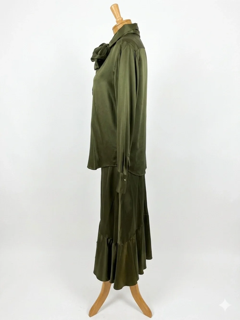 Ralph Lauren olive green 100% silk matching set ruffle flowy skirt vintage y2k
